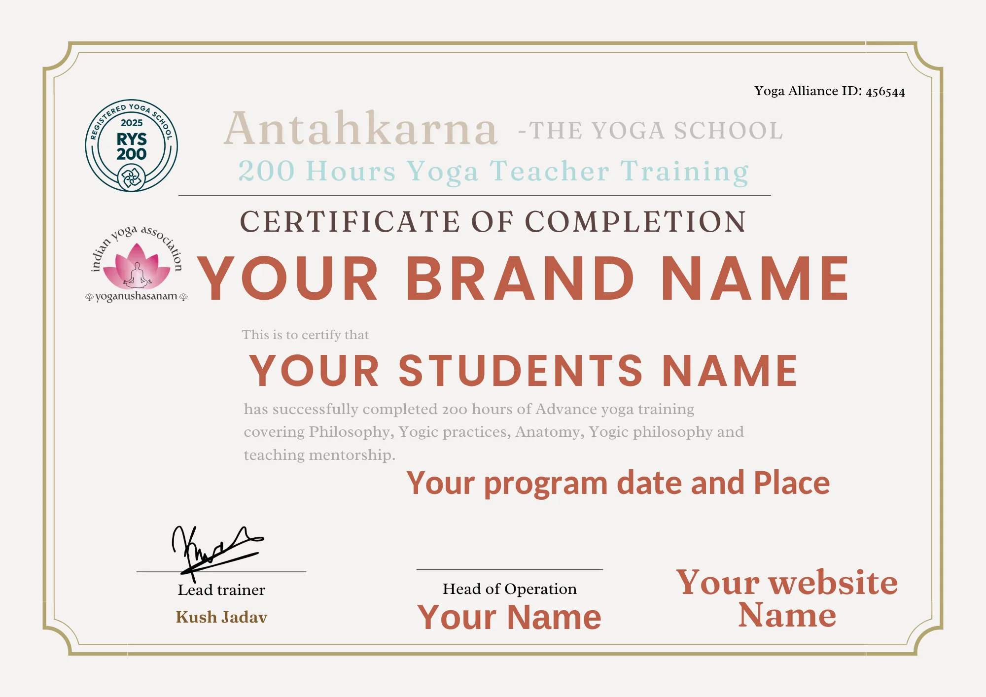 A certificate carrying the partner studio's own brand alongside the Goyoga accreditation