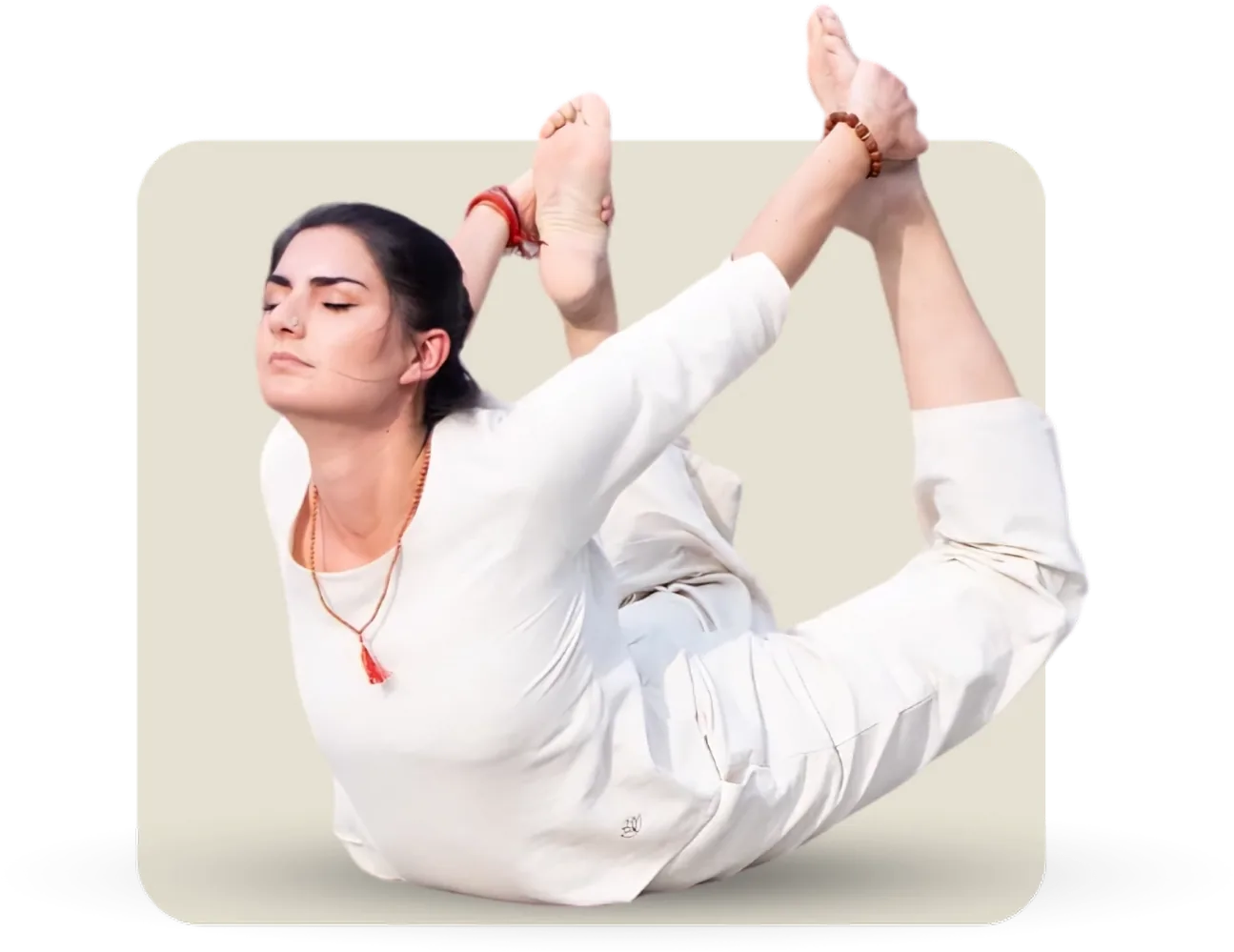 A GoYoga student holding Dhanurasana, the bow pose